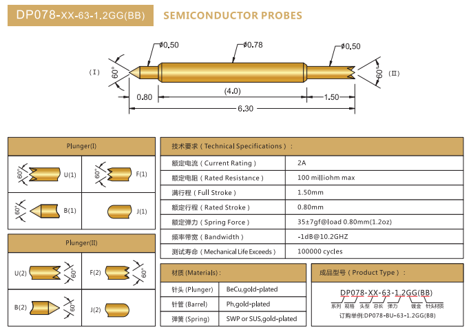 0.78mm雙頭探針，BGA測試針，華榮華BGA雙頭彈簧針廠家